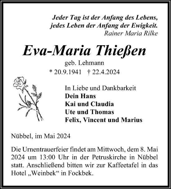 Traueranzeige von Eva-Maria Thießen von Schleswig-Holsteinische Landeszeitung