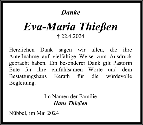 Traueranzeige von Eva-Maria Thießen von Schleswig-Holsteinische Landeszeitung