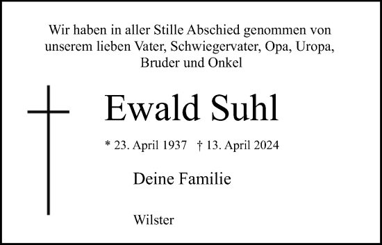Traueranzeige von Ewald Suhl von Norddeutsche Rundschau, Wilstersche Zeitung, Glückstädter Fortuna