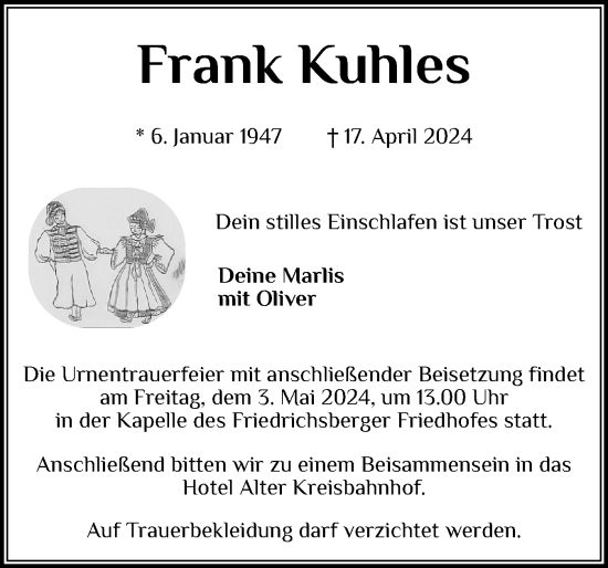 Traueranzeige von Frank Kuhles von Schleswiger Nachrichten, Schlei-Bote