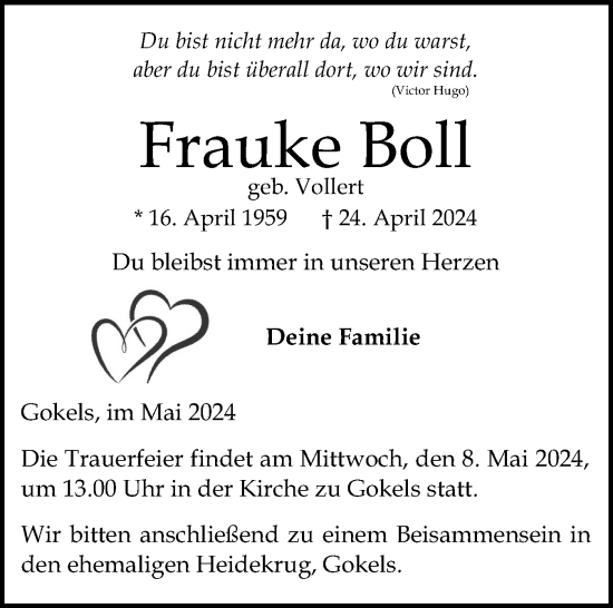 Traueranzeige von Frauke Boll von Schleswig-Holsteinische Landeszeitung