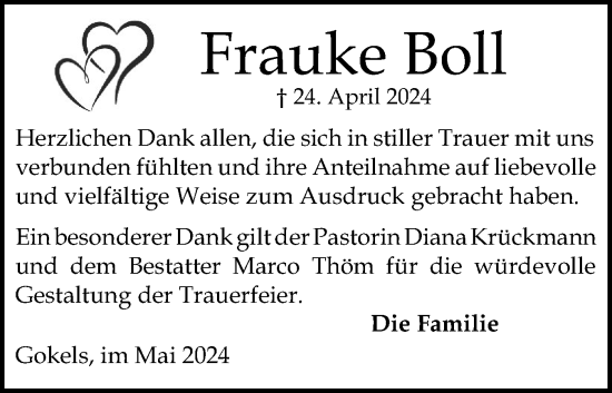 Traueranzeige von Frauke Boll von Schleswig-Holsteinische Landeszeitung