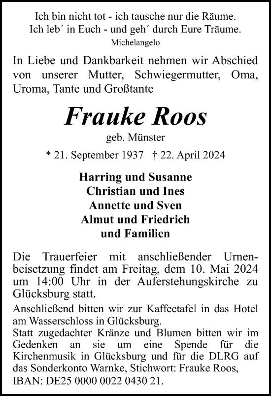 Traueranzeige von Frauke Roos von Flensburger Tageblatt, Schleswiger Nachrichten, Schlei-Bote