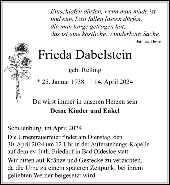 Traueranzeige von Frieda Dabelstein von Stormaner Tageblatt