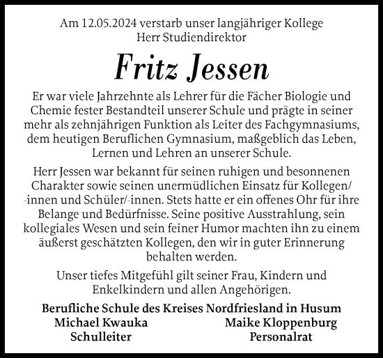 Traueranzeige von Fritz Jessen von Husumer Nachrichten, Nordfriesland Tageblatt