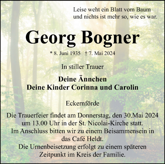 Traueranzeige von Georg Bogner von Eckernförder Zeitung, Hallo Eckernförde