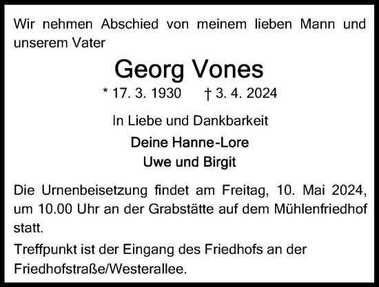 Traueranzeige von Georg Vones von Flensburger Tageblatt