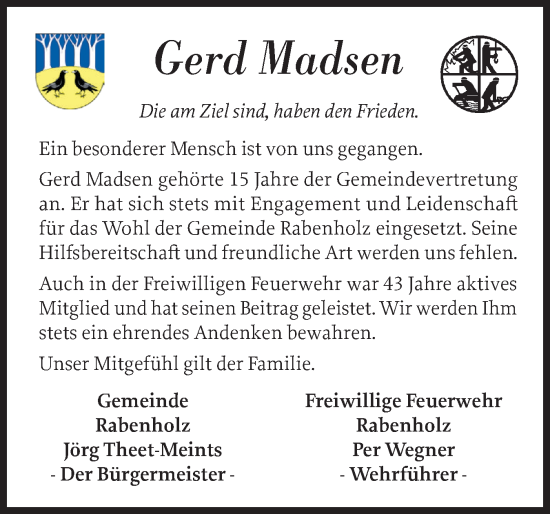 Traueranzeige von Gerd Madsen von Schleswiger Nachrichten, Schlei-Bote