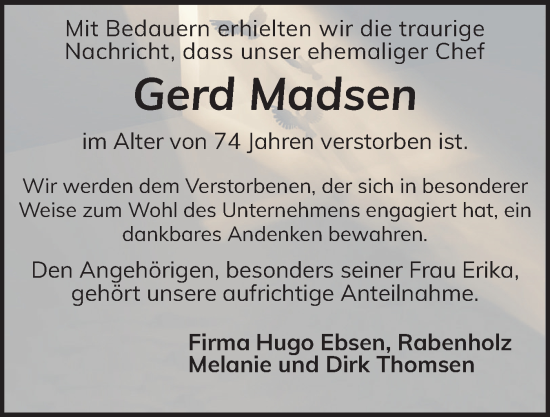 Traueranzeige von Gerd Madsen von Flensburger Tageblatt