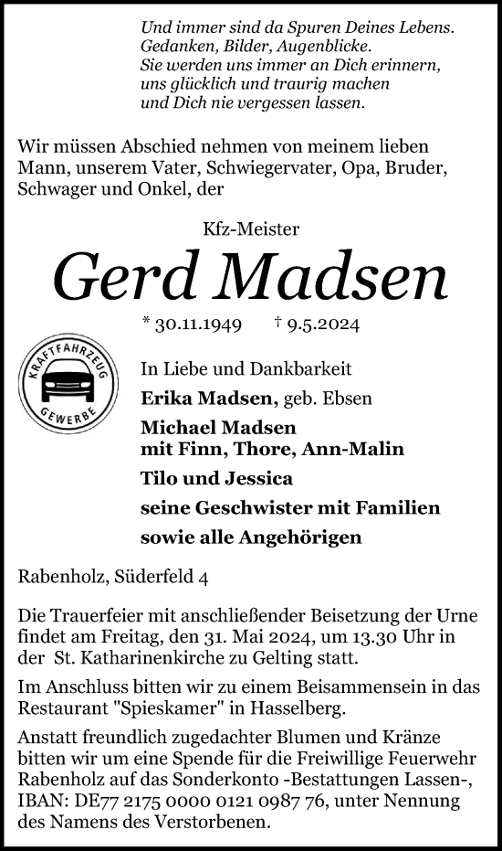 Traueranzeige von Gerd Madsen von Flensburger Tageblatt, Schleswiger Nachrichten, Schlei-Bote