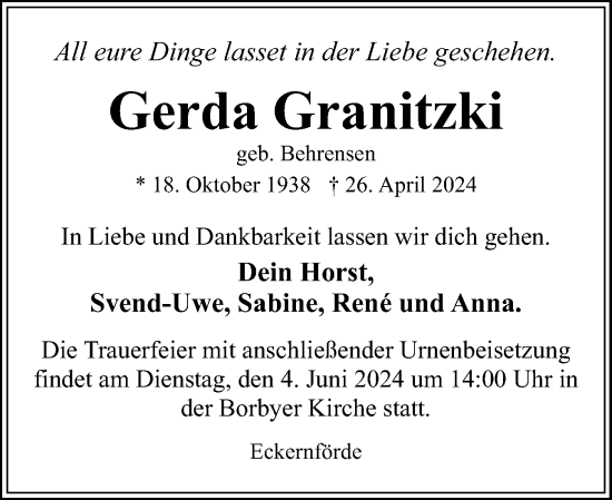 Traueranzeige von Gerda Granitzki von Eckernförder Zeitung, Hallo Eckernförde