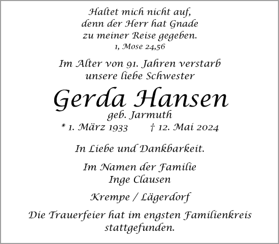 Traueranzeige von Gerda Hansen von Norddeutsche Rundschau, Wilstersche Zeitung, Glückstädter Fortuna