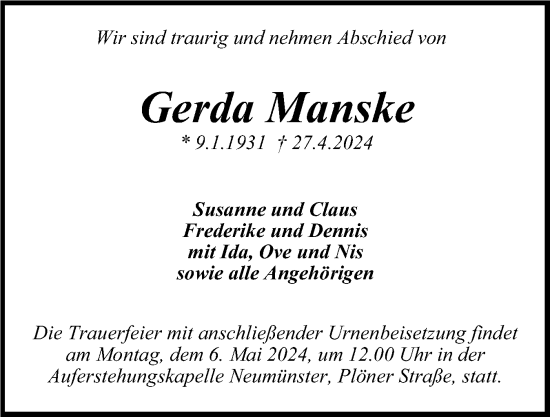 Traueranzeige von Gerda Manske von Holsteinischer Courier