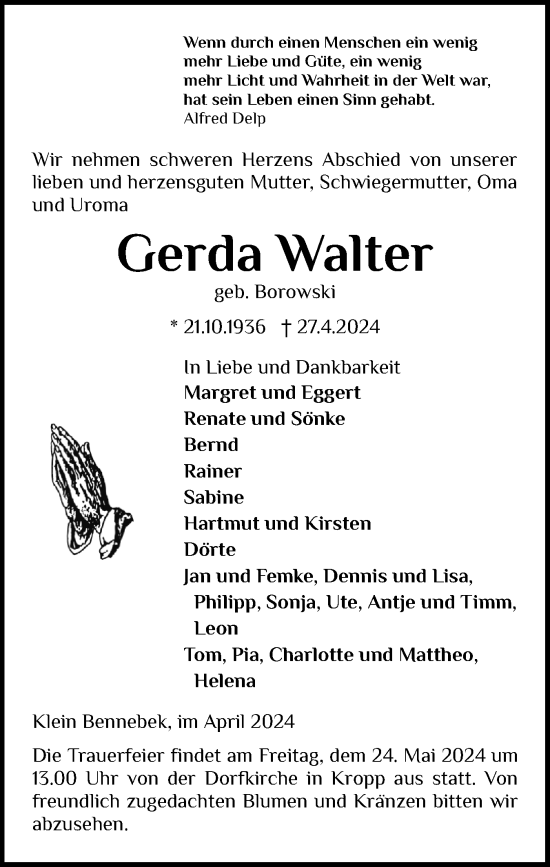 Traueranzeige von Gerda Walter von Schleswig-Holsteinische Landeszeitung