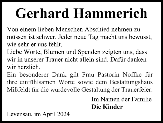Traueranzeige von Gerhard Hammerich von Eckernförder Zeitung, Hallo Eckernförde