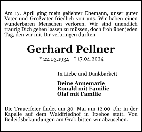 Traueranzeige von Gerhard Pellner von Norddeutsche Rundschau, Wilstersche Zeitung, Glückstädter Fortuna