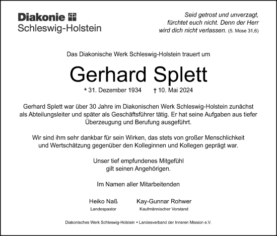 Traueranzeige von Gerhard Splett von Stormarner Tageblatt