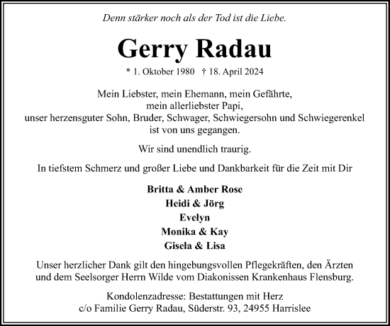 Traueranzeige von Gerry Radau von Flensburger Tageblatt