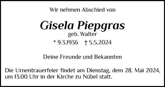 Traueranzeige von Gisela Piepgras von Schleswiger Nachrichten, Schlei-Bote