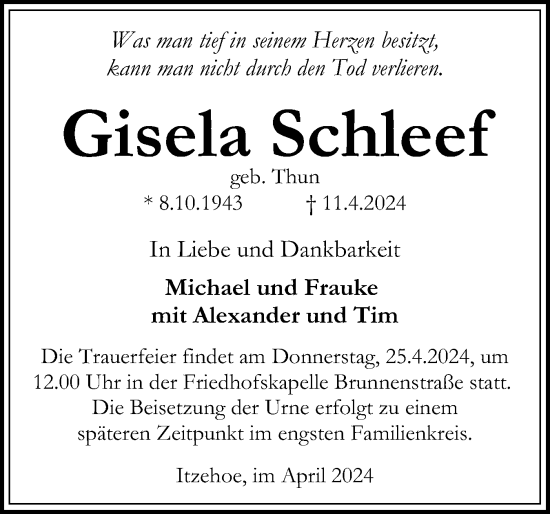 Traueranzeige von Gisela Schleef von Norddeutsche Rundschau, Wilstersche Zeitung, Glückstädter Fortuna
