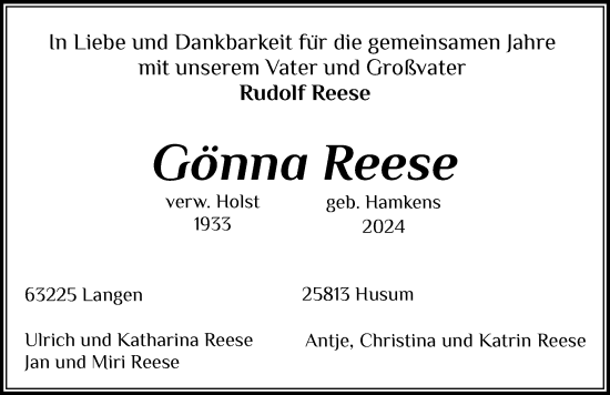 Traueranzeige von Gönna Reese von Husumer Nachrichten, Nordfriesland Tageblatt