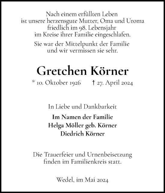 Traueranzeige von Gretchen Körner von Wedel-Schulauer Tageblatt, tip Wedel-Schulauer Tageblatt, tip Rissener Rundschau