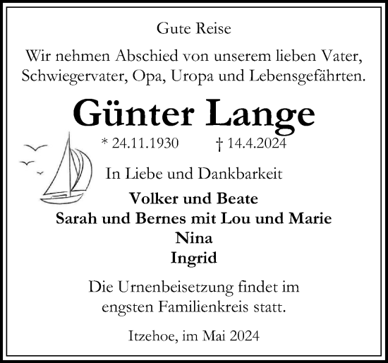 Traueranzeige von Günter Lange von Norddeutsche Rundschau, Wilstersche Zeitung, Glückstädter Fortuna