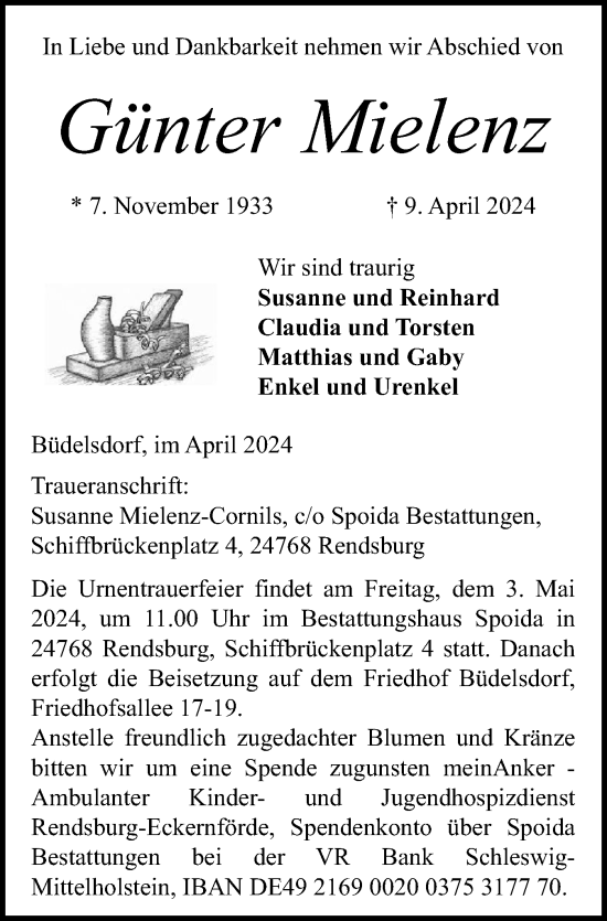 Traueranzeige von Günter Mielenz von Schleswig-Holsteinische Landeszeitung