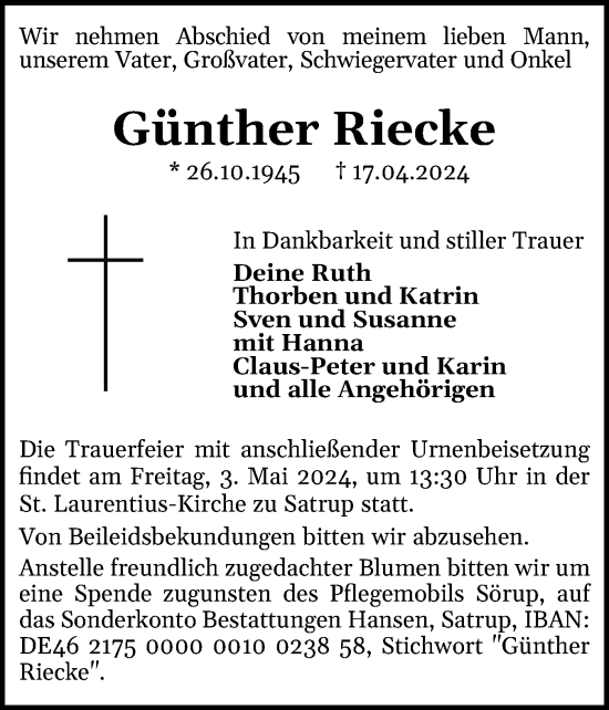 Traueranzeige von Günther Riecke von Flensburger Tageblatt