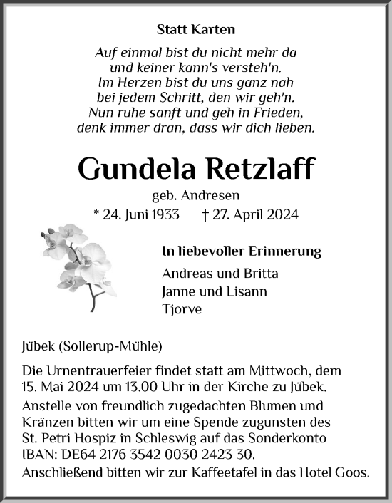 Traueranzeige von Gundela Retzlaff von Region Flensburg
