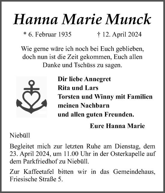 Traueranzeige von Hanna Marie Munck von Husumer Nachrichten, Nordfriesland Tageblatt