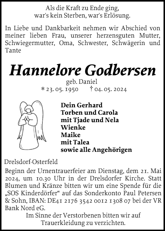 Traueranzeige von Hannelore Godbersen von Husumer Nachrichten, Nordfriesland Tageblatt