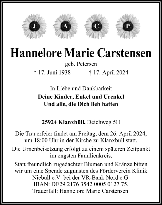 Traueranzeige von Hannelore Marie Carstensen von Husumer Nachrichten, Nordfriesland Tageblatt