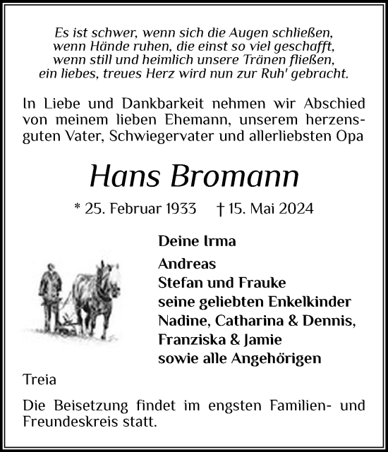 Traueranzeige von Hans Bromann von Region Flensburg