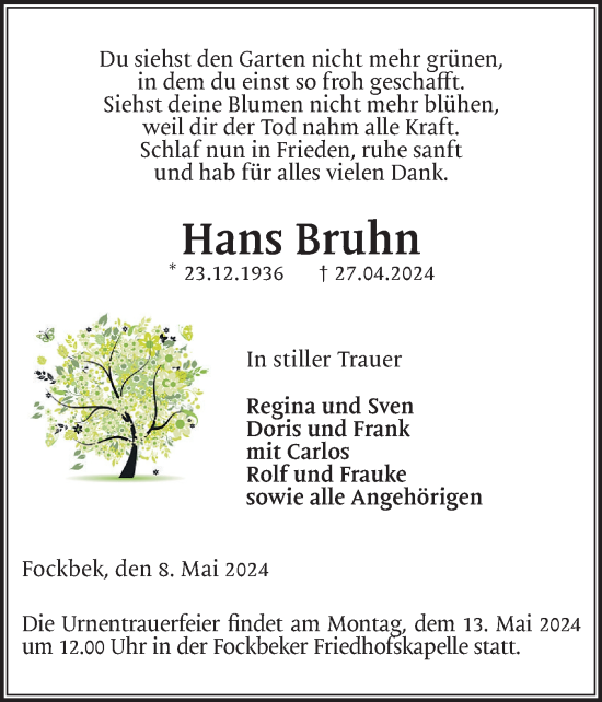 Traueranzeige von Hans Bruhn von Schleswig-Holsteinische Landeszeitung