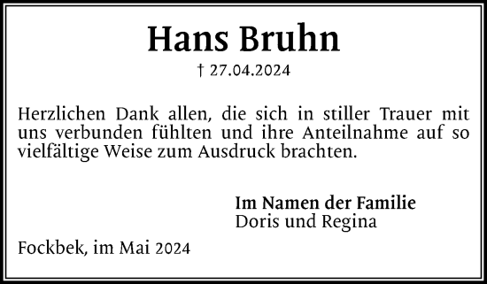 Traueranzeige von Hans Bruhn von Schleswig-Holsteinische Landeszeitung