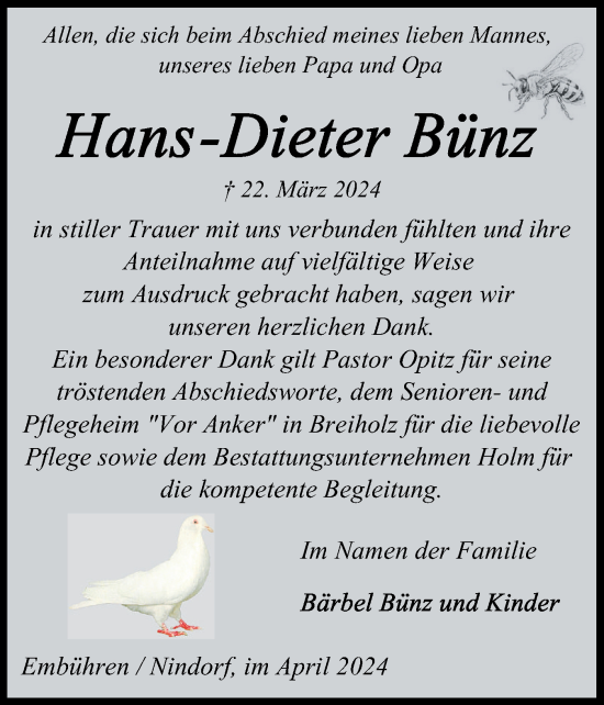 Traueranzeige von Hans-Dieter Bünz von Schleswig-Holsteinische Landeszeitung
