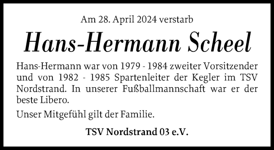 Traueranzeige von Hans-Hermann Scheel von Husumer Nachrichten, Nordfriesland Tageblatt