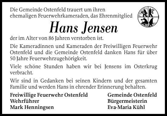 Traueranzeige von Hans Jensen von Husumer Nachrichten, Nordfriesland Tageblatt