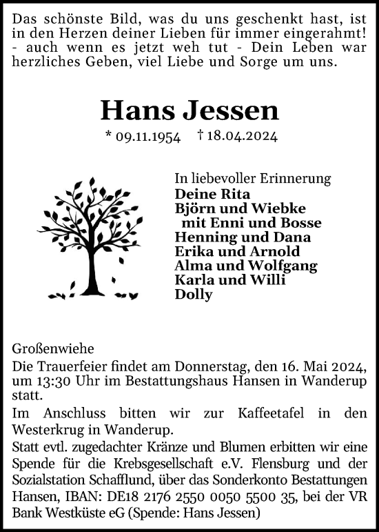 Traueranzeige von Hans Jessen von Flensburger Tageblatt