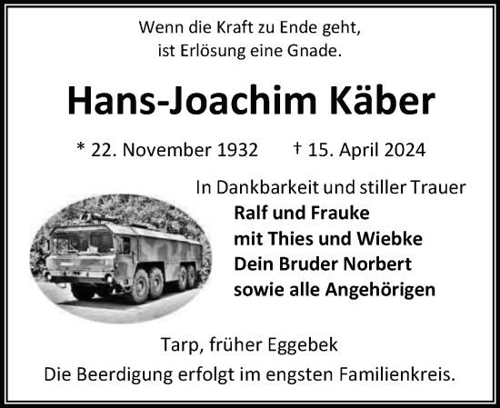 Traueranzeige von Hans-Joachim Käber von Flensburger Tageblatt, Schleswiger Nachrichten, Schlei-Bote