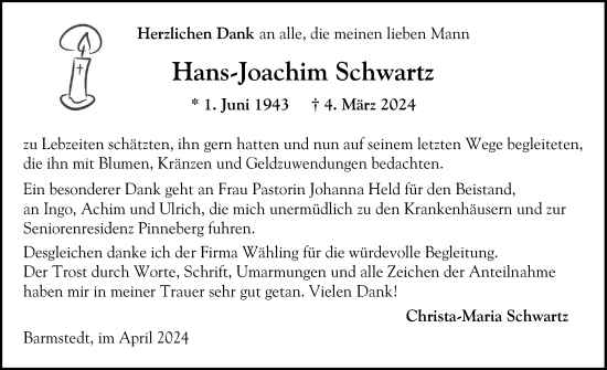 Traueranzeige von Hans-Joachim Schwartz von Elmshorner Nachrichten, Barmstedter Zeitung