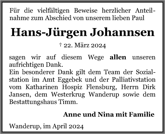 Traueranzeige von Hans-Jürgen Johannsen von Flensburger Tageblatt