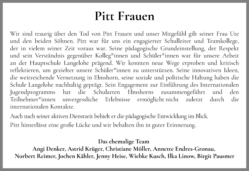  Traueranzeige für Hans-Peter Frauen vom 25.05.2024 aus Elmshorner Nachrichten, Barmstedter Zeitung