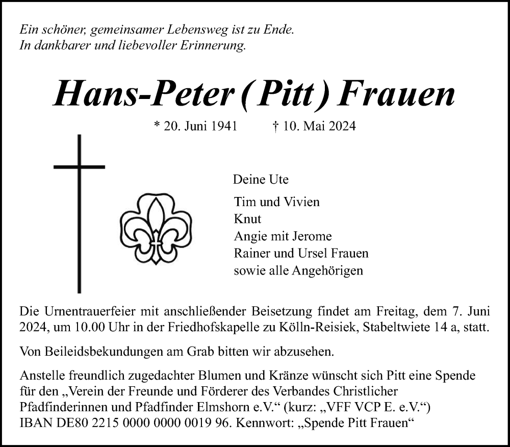  Traueranzeige für Hans-Peter Frauen vom 25.05.2024 aus Elmshorner Nachrichten, Barmstedter Zeitung
