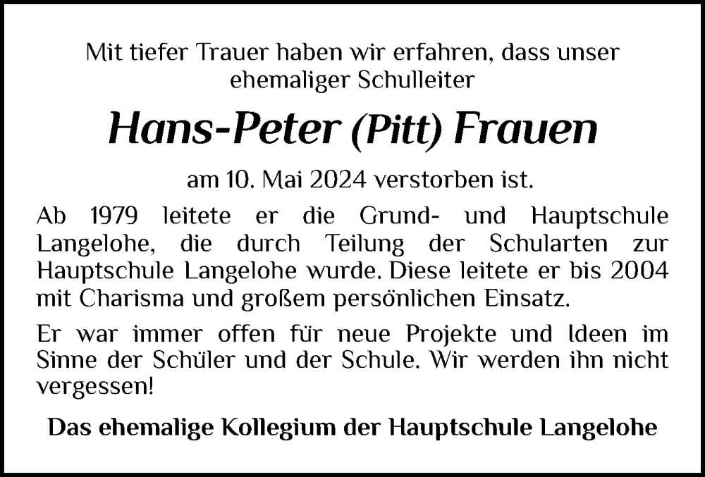  Traueranzeige für Hans-Peter Frauen vom 25.05.2024 aus Elmshorner Nachrichten, Barmstedter Zeitung