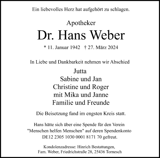 Traueranzeige von Hans Weber von Uetersener Nachrichten, Der tip am Wochenende