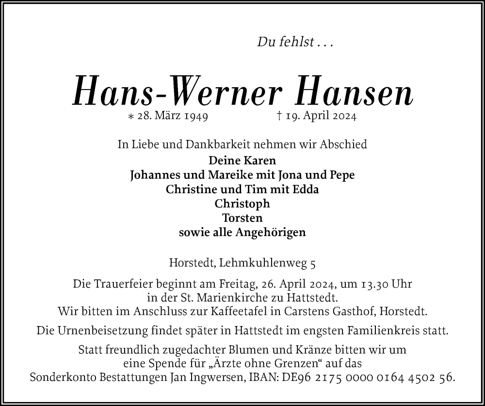  Traueranzeige für Hans-Werner Hansen vom 23.04.2024 aus Husumer Nachrichten, Nordfriesland Tageblatt
