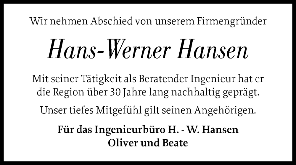  Traueranzeige für Hans-Werner Hansen vom 24.04.2024 aus Husumer Nachrichten, Nordfriesland Tageblatt
