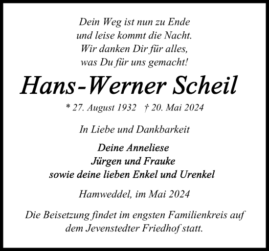 Traueranzeige von Hans-Werner Scheil von Schleswig-Holsteinische Landeszeitung
